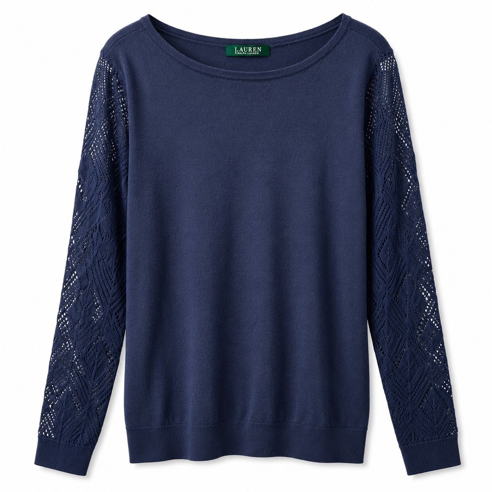 NWT$ LRL Ralph Lauren Cotton Modal Blend Crochet Lace Sleeves Sz XL Navy Blue